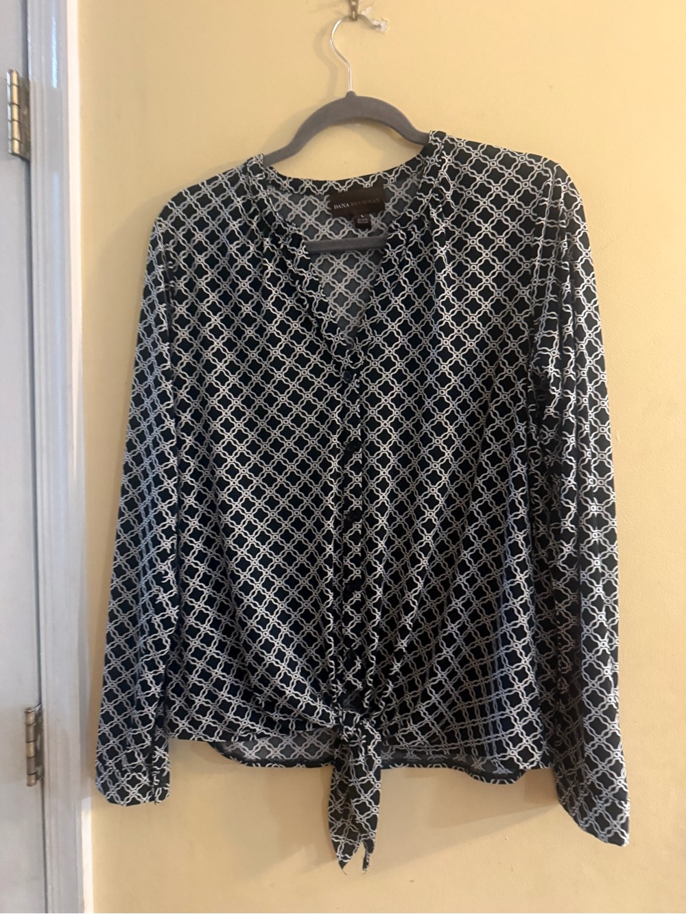 Dana Buchman Black & White Geometric Design Tie-Front Long Sleeve Top, L